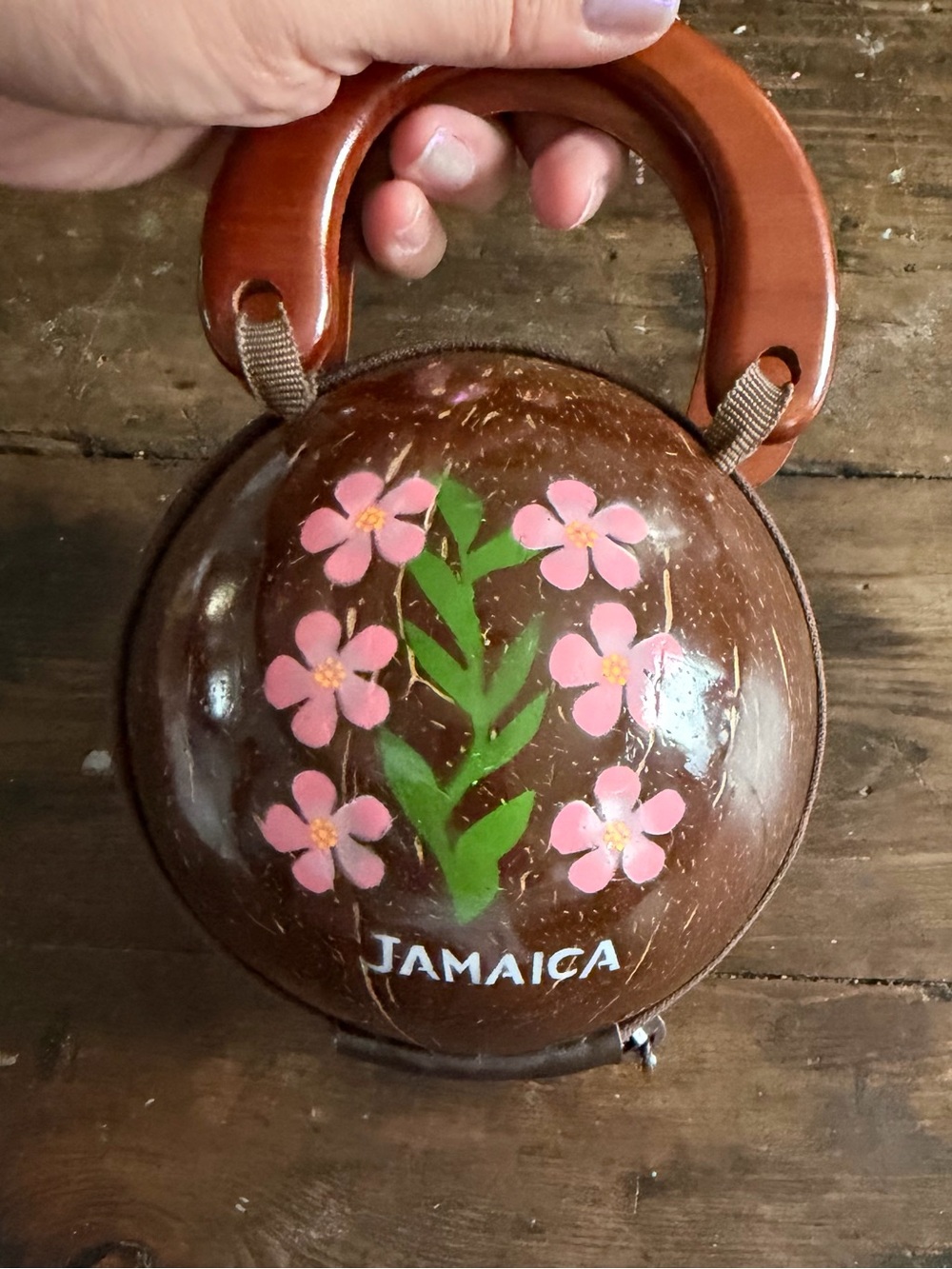 Vintage Jamaica Coconut Shell Purse Hand Painted Floral Wood Handle